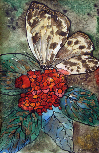 Художница Марина Подгаевская: картина Бабочка на красном цветке - бумага, поталь, см.техника
