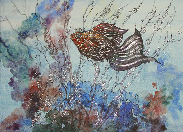 Художница Марина Подгаевская: картина Рыбка в красном море - бумага, см.-техника